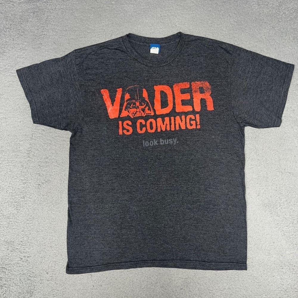 Star Wars Vader is Coming Look Busy T Shirt Men Sz L Heather Gray Darth Tee
